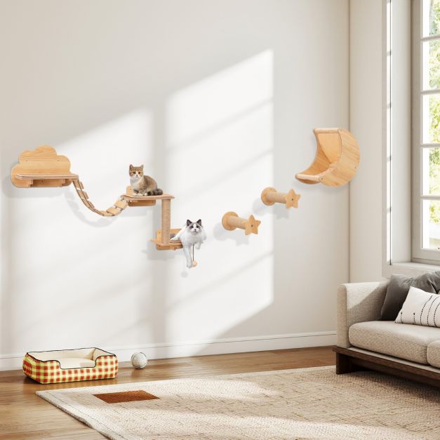 6 Pieces Cat Wall Furniture Set with Hammock and 2-step Cat Tree