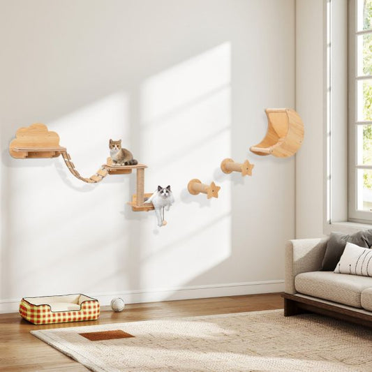 6 Pieces Cat Wall Furniture Set with Hammock and 2-step Cat Tree