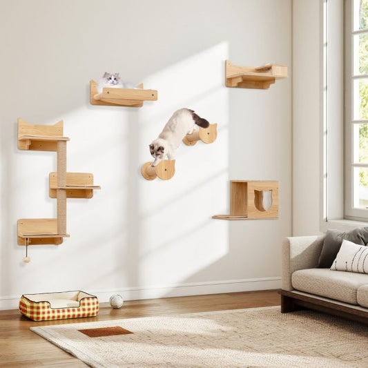 6 Pieces Cat Wall Furniture Set with Food Water Bowl and 3-step Cat Tree