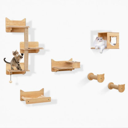 6 Pieces Cat Wall Furniture Set with Food Water Bowl and 3-step Cat Tree