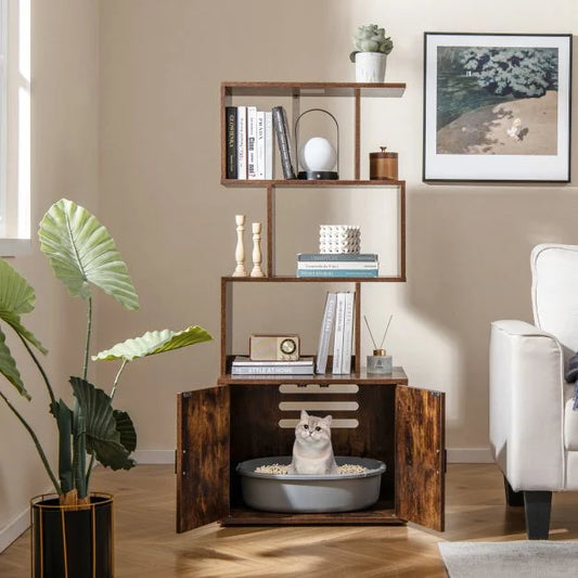 2-in-1 Hidden Cat Litter Box Enclosure with 3 Open Shelves