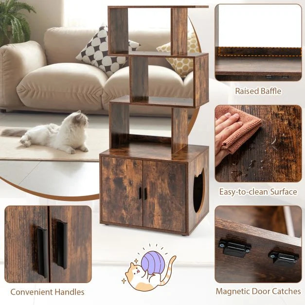 2-in-1 Hidden Cat Litter Box Enclosure with 3 Open Shelves