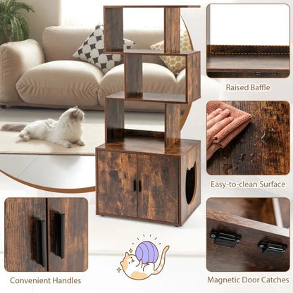 2-in-1 Hidden Cat Litter Box Enclosure with 3 Open Shelves
