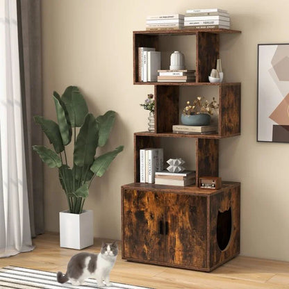 2-in-1 Hidden Cat Litter Box Enclosure with 3 Open Shelves
