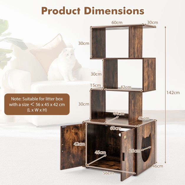 2-in-1 Hidden Cat Litter Box Enclosure with 3 Open Shelves