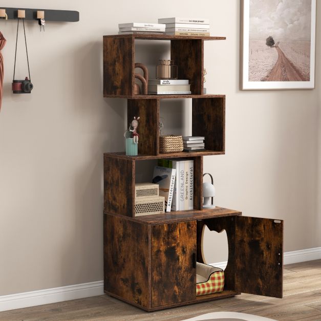 2-in-1 Hidden Cat Litter Box Enclosure with 3 Open Shelves