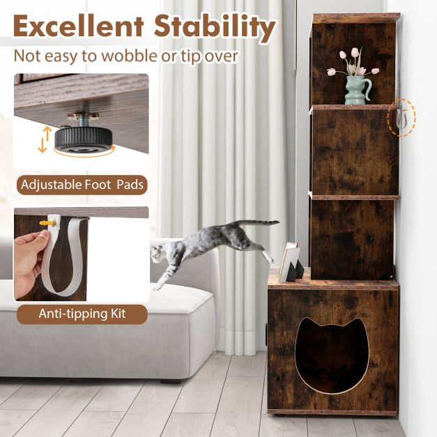 2-in-1 Hidden Cat Litter Box Enclosure with 3 Open Shelves
