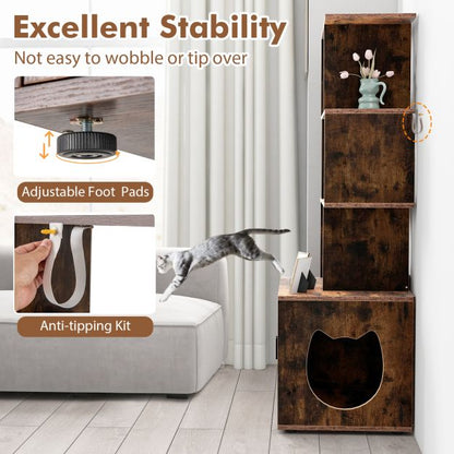 2-in-1 Hidden Cat Litter Box Enclosure with 3 Open Shelves