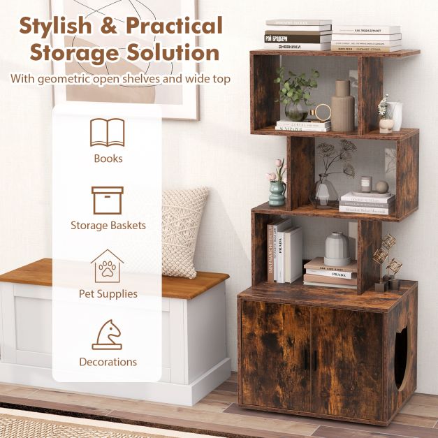 2-in-1 Hidden Cat Litter Box Enclosure with 3 Open Shelves