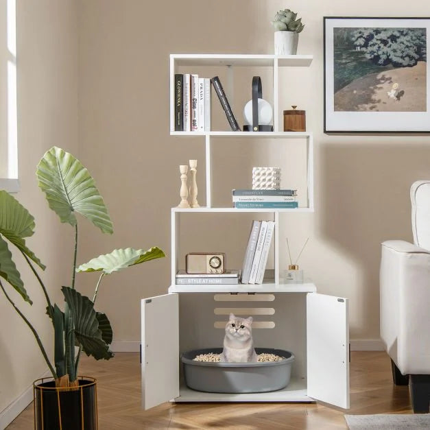 2-in-1 Hidden Cat Litter Box Enclosure with 3 Open Shelves