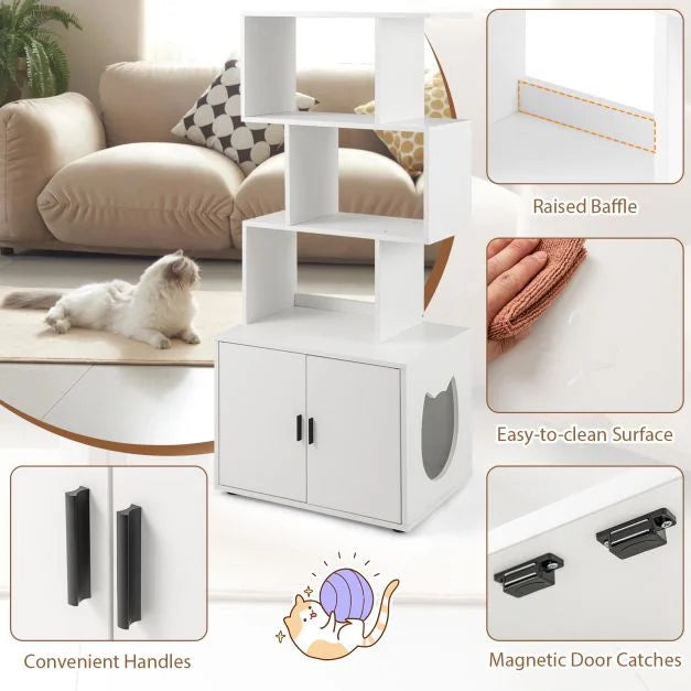 2-in-1 Hidden Cat Litter Box Enclosure with 3 Open Shelves