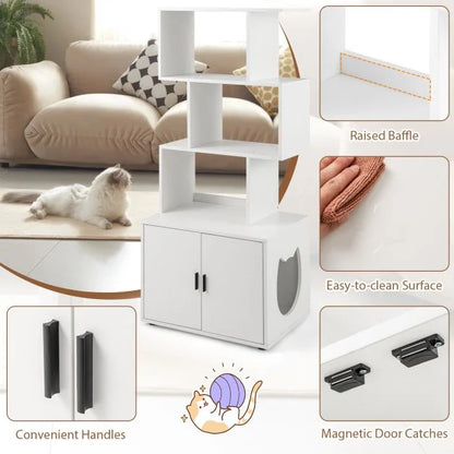 2-in-1 Hidden Cat Litter Box Enclosure with 3 Open Shelves