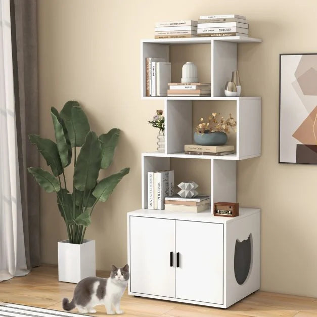 2-in-1 Hidden Cat Litter Box Enclosure with 3 Open Shelves