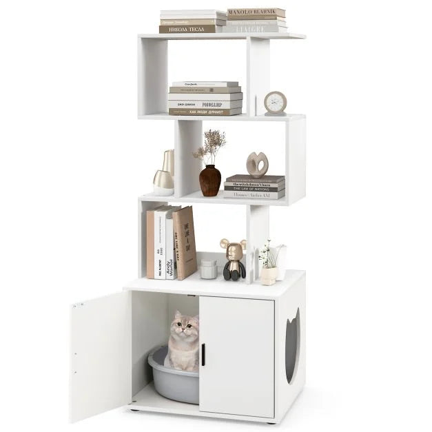 2-in-1 Hidden Cat Litter Box Enclosure with 3 Open Shelves