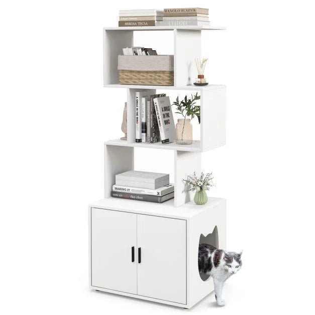 2-in-1 Hidden Cat Litter Box Enclosure with 3 Open Shelves