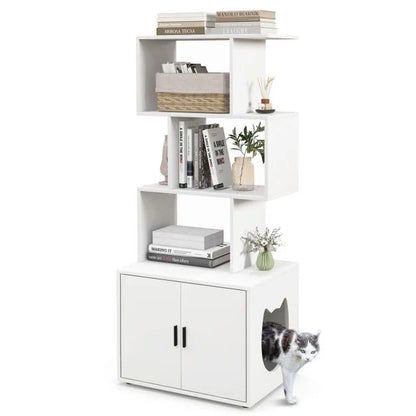 2-in-1 Hidden Cat Litter Box Enclosure with 3 Open Shelves