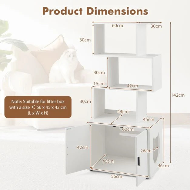 2-in-1 Hidden Cat Litter Box Enclosure with 3 Open Shelves