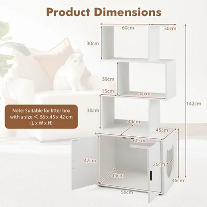 2-in-1 Hidden Cat Litter Box Enclosure with 3 Open Shelves
