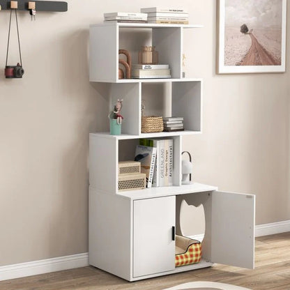 2-in-1 Hidden Cat Litter Box Enclosure with 3 Open Shelves