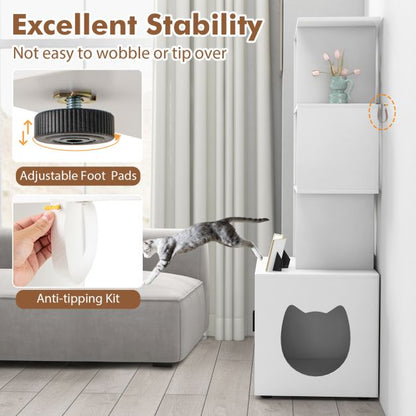 2-in-1 Hidden Cat Litter Box Enclosure with 3 Open Shelves