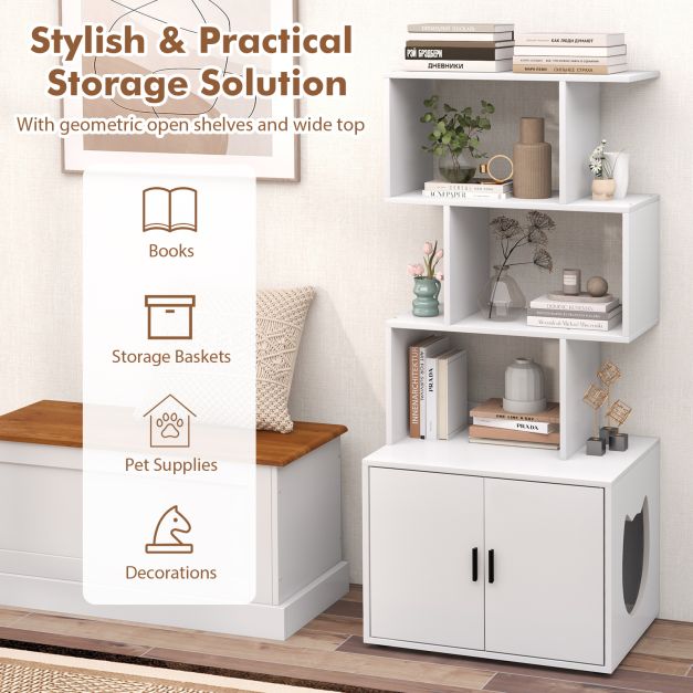 2-in-1 Hidden Cat Litter Box Enclosure with 3 Open Shelves