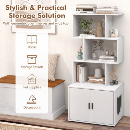 2-in-1 Hidden Cat Litter Box Enclosure with 3 Open Shelves