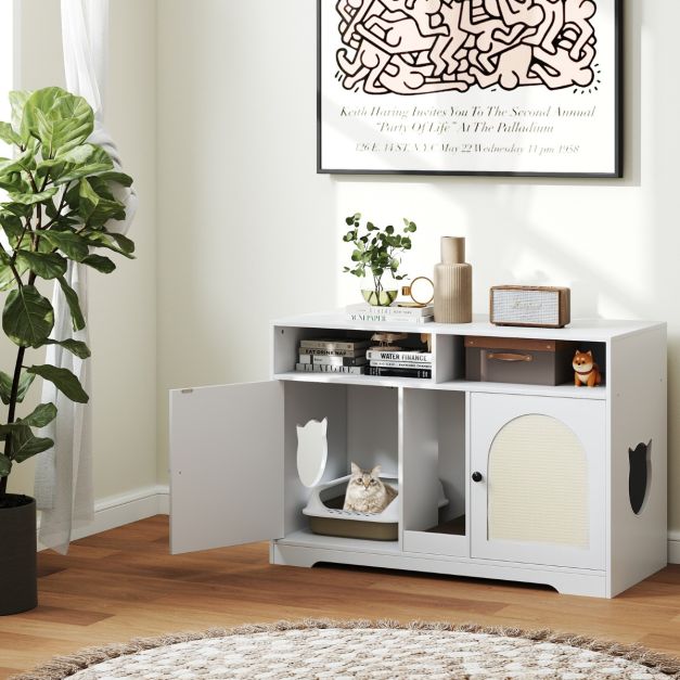 Cat Litter Box Enclosure for 2 Cats with Storage Double Rooms Scratching Board