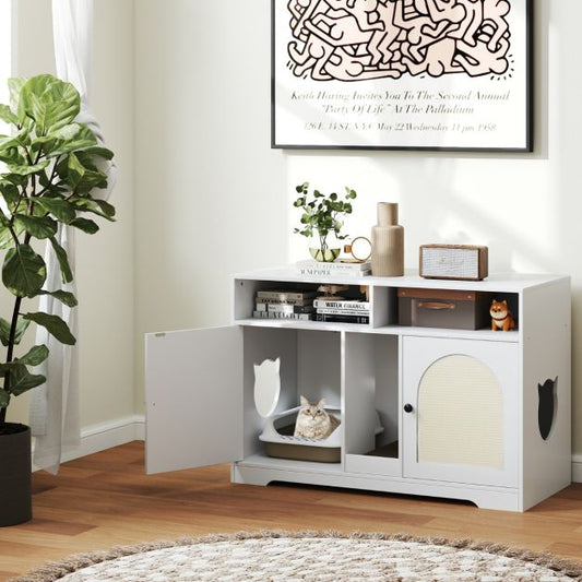 Cat Litter Box Enclosure for 2 Cats with Storage Double Rooms Scratching Board